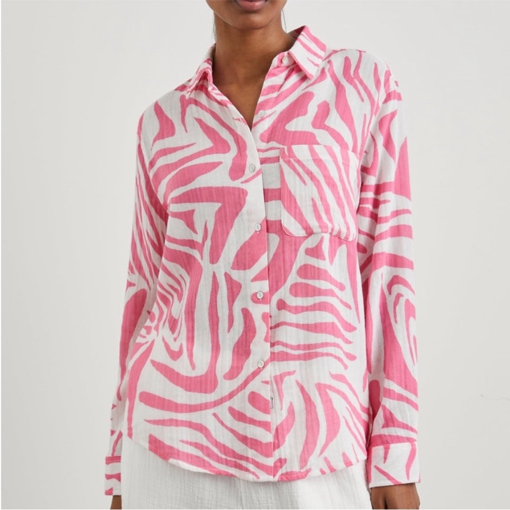 Rails M Pink Ellis Organic Gauze Cotton Button Blouse Tiger Relaxed Animal Print